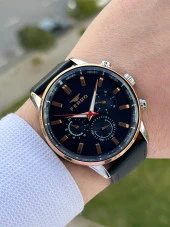 Ferro Takvimli+İç Fonksiyonları Aktif Lacivert-Rose Renk Deri Kordon 3 Atm Erkek Kol Saat EFM11084-3 - 2