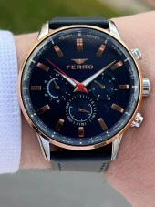 Ferro Takvimli+İç Fonksiyonları Aktif Lacivert-Rose Renk Deri Kordon 3 Atm Erkek Kol Saat EFM11084-3 - 3