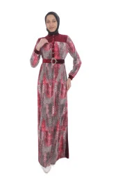 Leila Piton Desenli Kadife Elbise 699-Bordo - 1