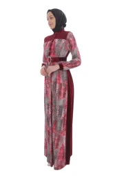 Leila Piton Desenli Kadife Elbise 699-Bordo - 2