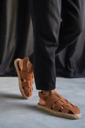 BA0342 Lüks Süet Hasır Tabanlı Taba Cırtlı Günlük Sandalet - 1