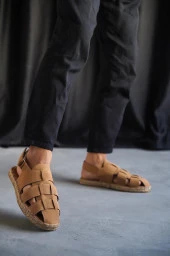 BA0342 Lüks Süet Hasır Tabanlı Hardal Cırtlı Günlük Sandalet - 1