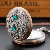 Lüx Zümrüt Renk Taşlı Kadın Kolye Köstek Cep Saati Kadın Kolye SL7358 - 2