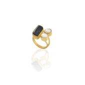 Kadir Jewellery 22 Ayar Altın Kaplama Zirkon Taşlı Ayarlanabilir İnci Yüzük - 1