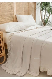 Buldan Keten Yatak Örtüsü, Pamuklu Keten, Fırfırlı Bej 240*260 cm. - 1
