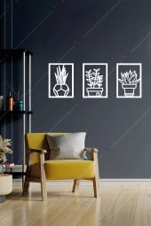 3 Lü Çiçek Set Duvar Dekorasyonu Ahşap Tablo - 1