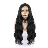Siyah Uzun Dalgalı  Fiber Sentetik Tül Peruk thumbnail 1