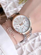 Ferro Hasır Kordonlu Gümüş/Rose Kararmaz Renk Atmaz 3 Atm  Özel Tasarım Kadın Kol Saati EF21072-E-E thumbnail 1