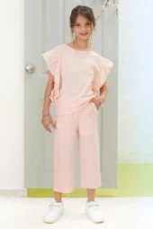 Pembe Volan Detaylı Bluzlu Pantolonlu Kız Çocuk Yazlık Takım 18536 - 4
