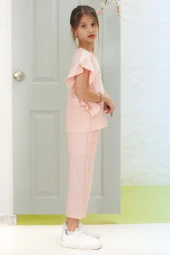 Pembe Volan Detaylı Bluzlu Pantolonlu Kız Çocuk Yazlık Takım 18536 - 6