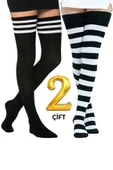 Kadın Dizüstü Çorap (2 Çift) Günlük Düz Çizgili Pamuklu Diz Üstü Siyah Çorap Yeni Trend - 1