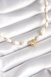 Beyaz Deniz Kabuğu Model Gold Renk Kalp Figür Kadın Kolye - EBJ240419W23664 thumbnail 1