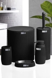 Çizgili 5 Parça Banyo Seti Çöp Kovası Tuvalet Fırçası Diş Fırçalık Sıvı Sabunluk Katı Sabunluk - 1