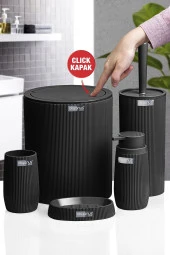 Çizgili 5 Parça Banyo Seti Çöp Kovası Tuvalet Fırçası Diş Fırçalık Sıvı Sabunluk Katı Sabunluk - 2