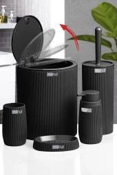 Çizgili 5 Parça Banyo Seti Çöp Kovası Tuvalet Fırçası Diş Fırçalık Sıvı Sabunluk Katı Sabunluk - 3