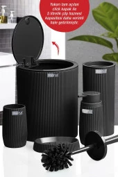 Çizgili 5 Parça Banyo Seti Çöp Kovası Tuvalet Fırçası Diş Fırçalık Sıvı Sabunluk Katı Sabunluk - 4