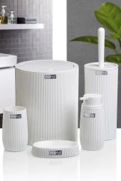 Çizgili 5 Parça Banyo Seti Çöp Kovası Tuvalet Fırçası Diş Fırçalık Sıvı Sabunluk Katı Sabunluk - 6