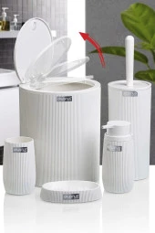 Çizgili 5 Parça Banyo Seti Çöp Kovası Tuvalet Fırçası Diş Fırçalık Sıvı Sabunluk Katı Sabunluk - 9
