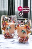 2'li Çift Cidarlı Flower Cup 350ml Çiçekli Bardak Kahve Çay Bardağı El Yapımı Kulplu Cam Bardak Set thumbnail 1