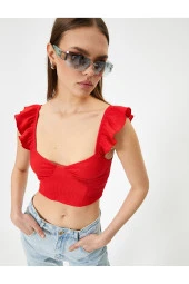 Fırfırlı Crop Bluz Arkası Bağlamalı Kolsuz Kalp Yaka Slim Fit - 1