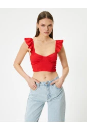 Fırfırlı Crop Bluz Arkası Bağlamalı Kolsuz Kalp Yaka Slim Fit - 3