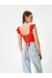 Fırfırlı Crop Bluz Arkası Bağlamalı Kolsuz Kalp Yaka Slim Fit - 4
