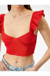 Fırfırlı Crop Bluz Arkası Bağlamalı Kolsuz Kalp Yaka Slim Fit - 5