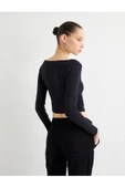Uzun Kollu Crop Tişört U Yaka Drape Detaylı - 4