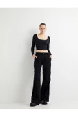 Uzun Kollu Crop Tişört U Yaka Drape Detaylı - 1