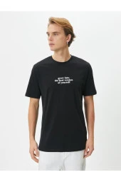Slogan Baskılı Tişört Bisiklet Yaka Kısa Kollu Pamuklu - 4
