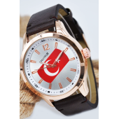 Kahverengi Deri Kordonlu Türk Bayrağı Detay Yetişkin Erkek Kol Saati SU-612 - 1