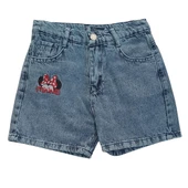 ELEYSA YÜKSEK BEL GENİŞ KALIP NAKIŞLI KIZ ÇOCUK KOT ŞORT 2326 - 1