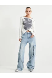 Straight Jean Kargo Kot Pantolon Geniş Düz Paça Cepli Pamuklu - Nora Jean thumbnail 1