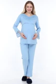Luvmabelly MYRA9511 - Dantelli Düğmeli Flaplı Hamile Pijama Takımı - Mavi - 1