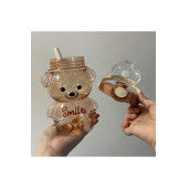 1 Litre Matara - 1 Adet Şeffaf Kahverengi Ayıcık Matara - İpli Askılı Sticker Hediyeli Plastik Suluk - 3