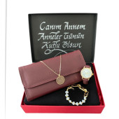 Anneler Günü Bordo Kol Saati- Cüzdan-Siyah Penye Şal-Kolye-Bileklik - 1