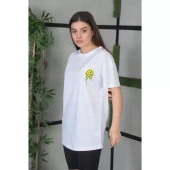 Lucky Life Unisex Bisiklet Yaka Baskılı Oversize T-Shirt - Beyaz - 1