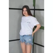 Lucky Life Unisex Bisiklet Yaka Baskılı Oversize T-Shirt- Beyaz - 2