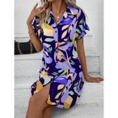 Lucky Life Kadın Çiçek Desenli Kısa Kollu Moss Krep Kumaş Gömlek Elbise - 1