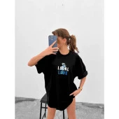 Lucky Life Unisex Bisiklet Yaka Baskılı Oversize T-Shirt - Siyah - 1