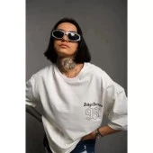 Lucky Life Unisex Bisiklet Yaka Baskılı Oversize T-Shirt - Beyaz - 2