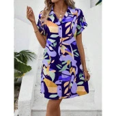 Lucky Life Kadın Çiçek Desenli Kısa Kollu Moss Krep Kumaş Gömlek Elbise - 4