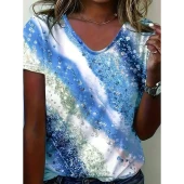 Lucky Life Kadın Kısa Kollu V Yakalı Renkli Geçişli Baskılı Süprem Bluz - 1