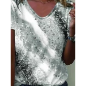 Lucky Life Kadın Kısa Kollu V Yakalı Renkli Geçişli Baskılı Süprem Bluz - 1