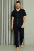 Boydan Düğmeli Kısa Kol Erkek Pijama Takım Lacivert thumbnail 2