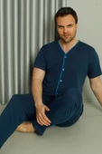 Boydan Düğmeli Kısa Kol Erkek Pijama Takım İndigo thumbnail 2