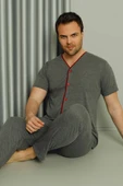 Boydan Düğmeli Kısa Kol Erkek Pijama Takım Füme - 1