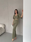 KETEN CROP TAKIM ikili Keten Bluz Pantolon Alt Üst Takım - 1
