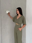 KETEN CROP TAKIM ikili Keten Bluz Pantolon Alt Üst Takım - 2