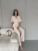 KETEN CROP TAKIM ikili Keten Bluz Pantolon Alt Üst Takım - 6